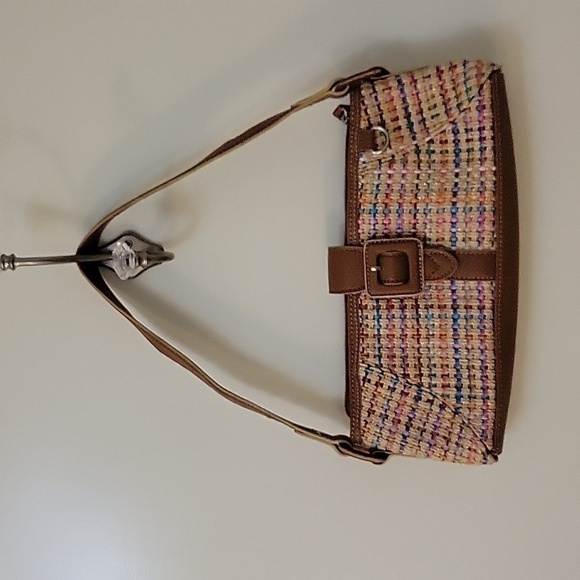 Vtg LIZ CLAIBORNE Y2k Pastel Rainbow Metallic Basket Tweed Carpet Baguette Bag - Picture 2 of 9